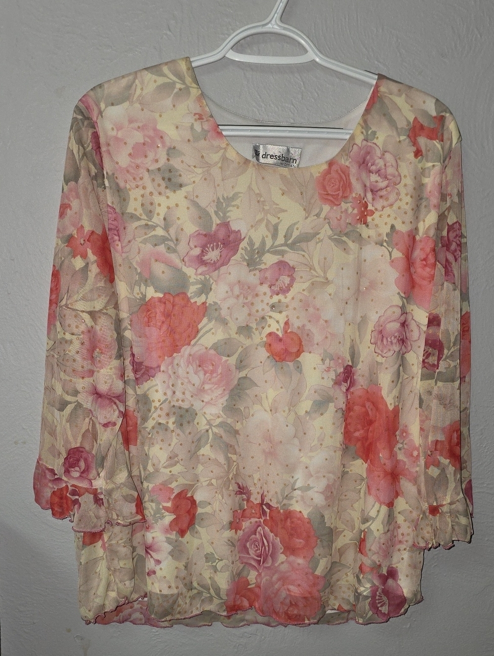dressbarn Pink and Cream Floral Sheer Blouse
